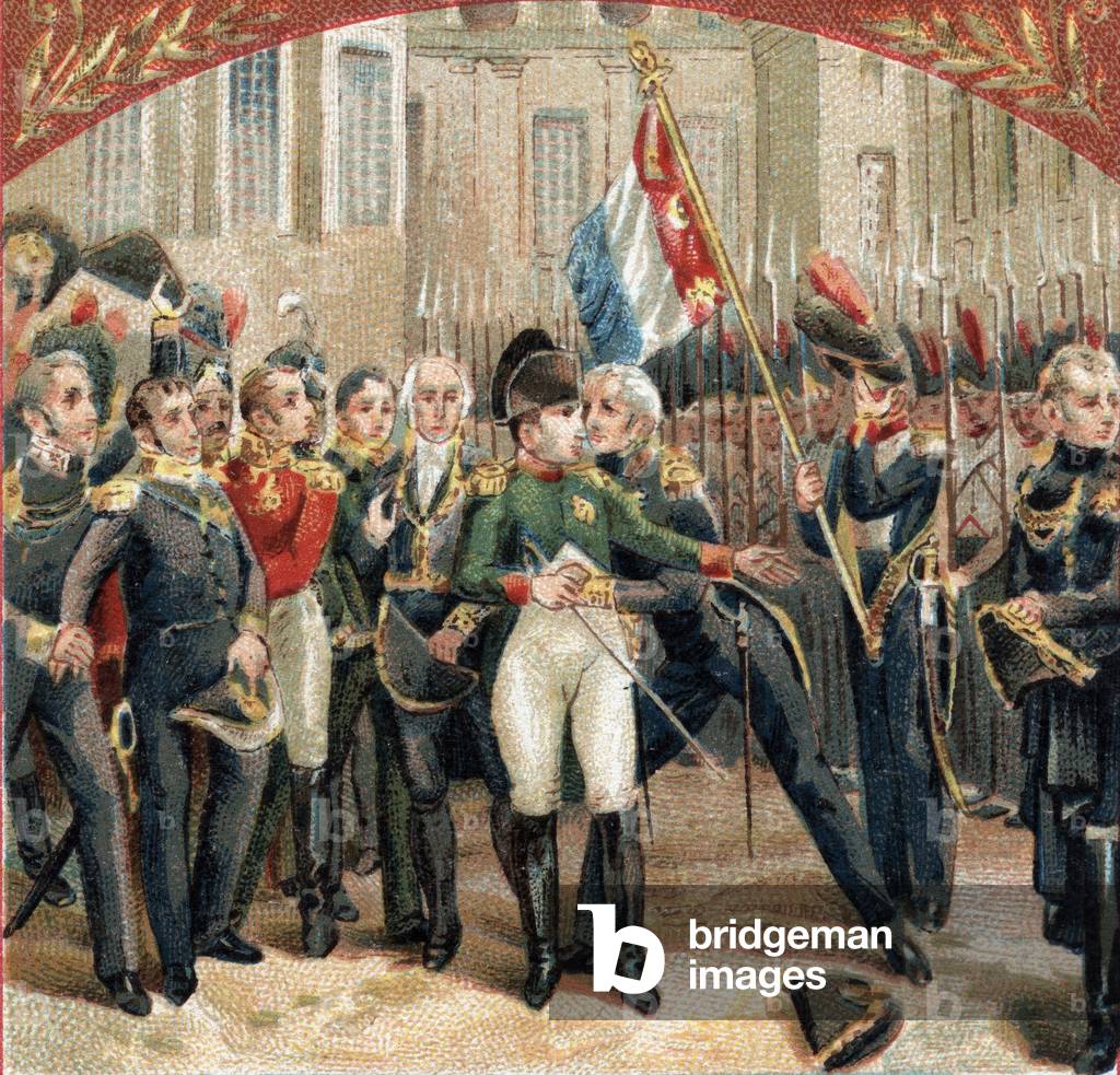 The farewell of Napoleon Bonaparte (1769-1821) has the imperiale guard in the courtyard of Cheval Blanc at the castle of Fontainebleau on 20/04/1814. Chromolithography of the late 19th century
