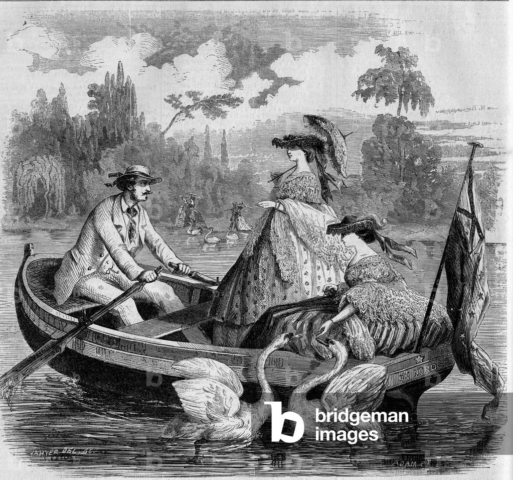 Parisian modes, summer 1857: boat ride on a lake. Engraving in “” Le Monde Illustré”” n°24 of 26 September 1857.
