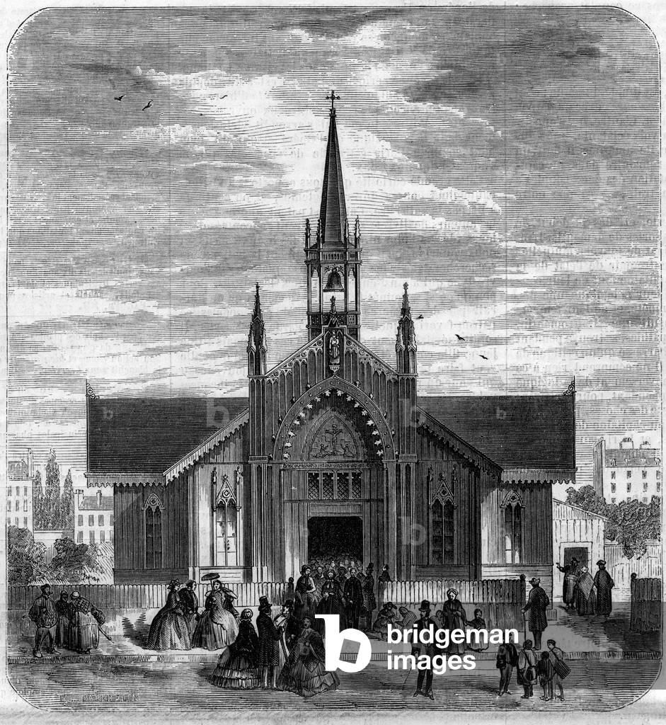 Gothic architecture: view of the facade of the church of Sainte Marie des Champs, Paris, 1858. Engraving in “” Le Monde Illustré”” n°66 of 17 July 1858.