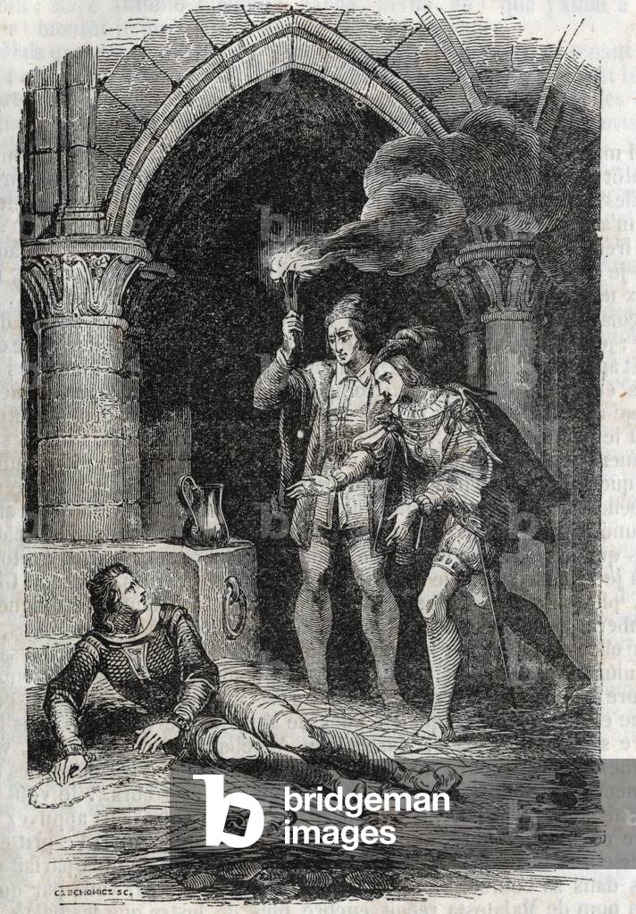 Leon (Leone) delivre Roger (Ruggero, Ruggiero) - engraving of 1851 from “” Roland furieux”” (Orlando furioso) (16th century) by Ludovico Ariosto, known as the Ariosta - Edition translated from Italian by the Count of Tressan and published by Gustave Harvard 1851