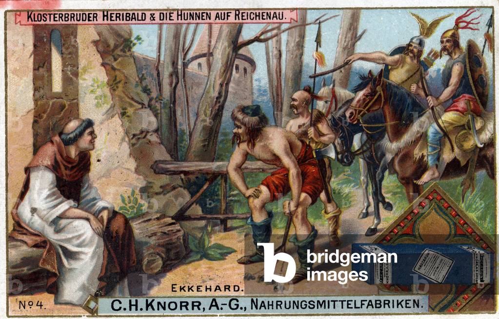 Barbarian invasions - Ekkehard IV of St. Gallen (St. Gall) or Eckhard, Eckhart (980 -1057) erudit, and Latin poet.The brother Heribald and the Huns has the Reichenau. On the island of Reichenau, only brother Heribald, a little simplet monk, remained during the general flight. Here he looks, like a stone statue, sitting on a tree trunk, the first huns horsemen arrived from the sea (as the Roman senators had once waited for the Gauls). The Huns were not at first surprised at the sight of this immobile companion.”
