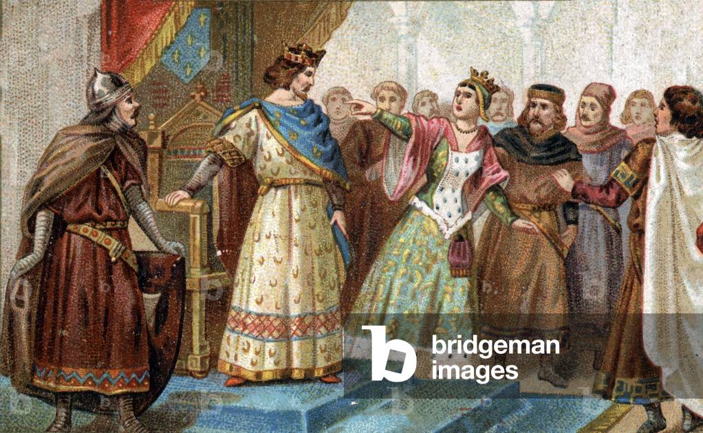 In 1274 Queen Mary of Brabant was falsely accused by the great chamberlain Pierre de la Broce (Pierre de Brush) of the death of the young prince Louis of France, the groin son of Philip III and Isabella of Aragon. Chromolitography of the late 19th century.