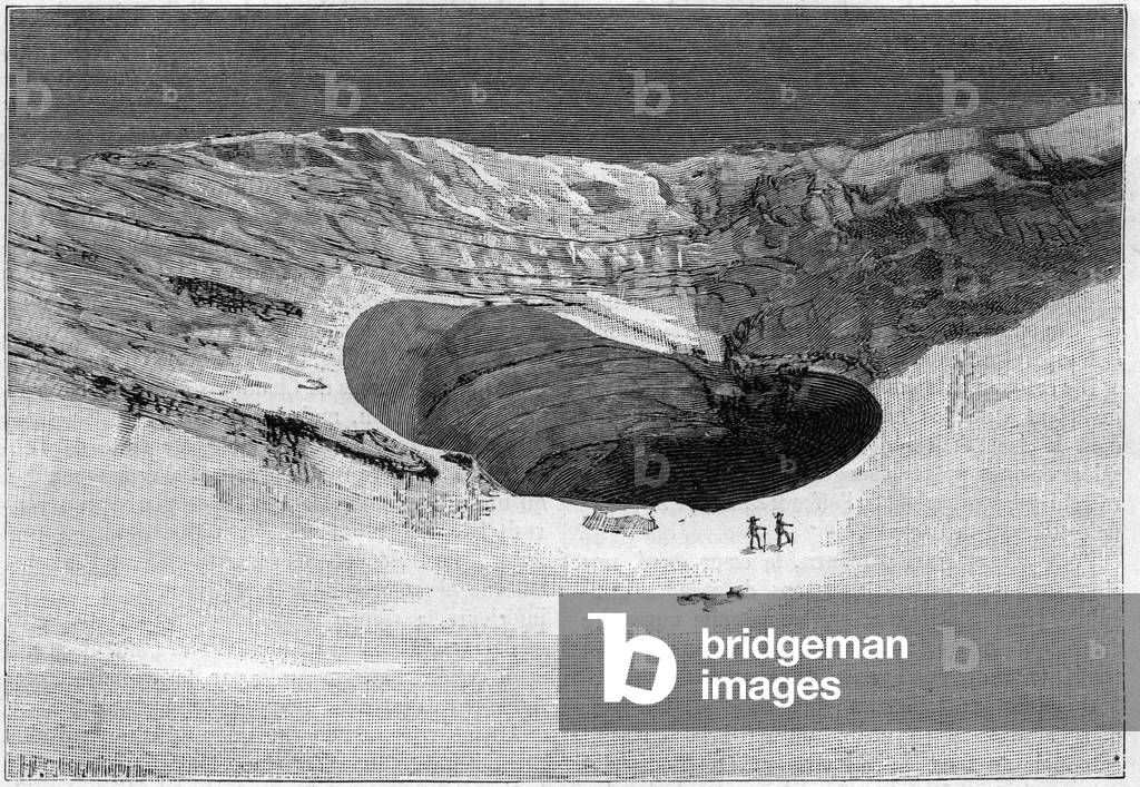 La Catastrophe de Saint-Gervais (Saint Gervais) ou catastrophe du glacier de la Tete Rousse (department of Haute-Savoie) (12-13 July 1892) - Glacier de Tette-Rousse - inner cave and wall of tearing the glacier, Engraving in “” La Nature”” - August 20, 1892