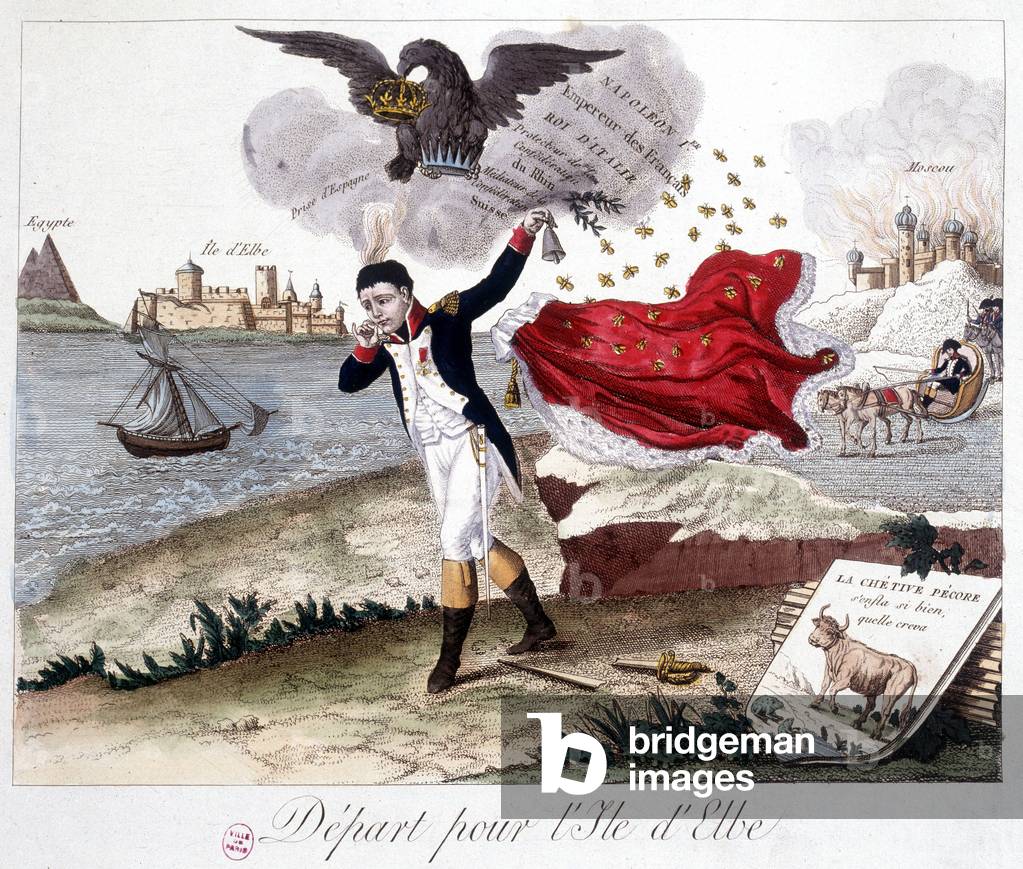 Departure for the island of Elba: Napoleon holding a bell, an imperial eagle above reminding him of his titles, Moscow in flame in the background, and in the foreground: Fable de Lafontaine: “” the frog who wanted to be bigger than the ox””” (the chétive perre swallowed so well that she dived) - in “” Napoleon 1er, caricatures, collection dummy””, v. 1814