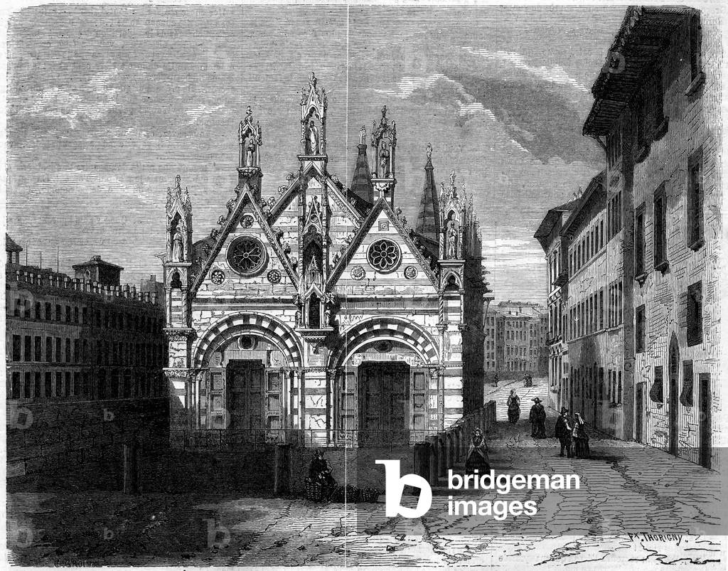 Gothic architecture: exterior view of the Church of Santa Maria della Spina (13th century-14th century) in Pisa (Pisa), Italy, 1861 - Engraving in “” The Illustrous World”” n°246 of 28 December 1861
