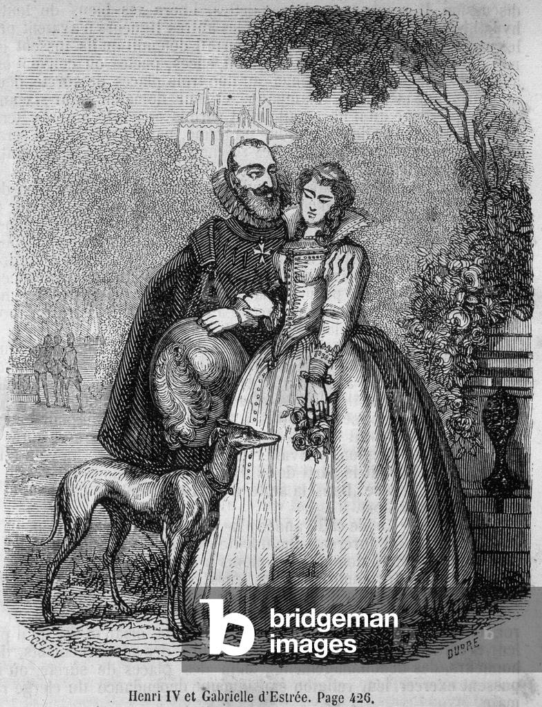 Henri IV (1553 - 1610) and Gabrielle d'Estrée his mistress (1573 - 1599) - in “” Histoire de France”” by L.-P. Anquetil, 1851