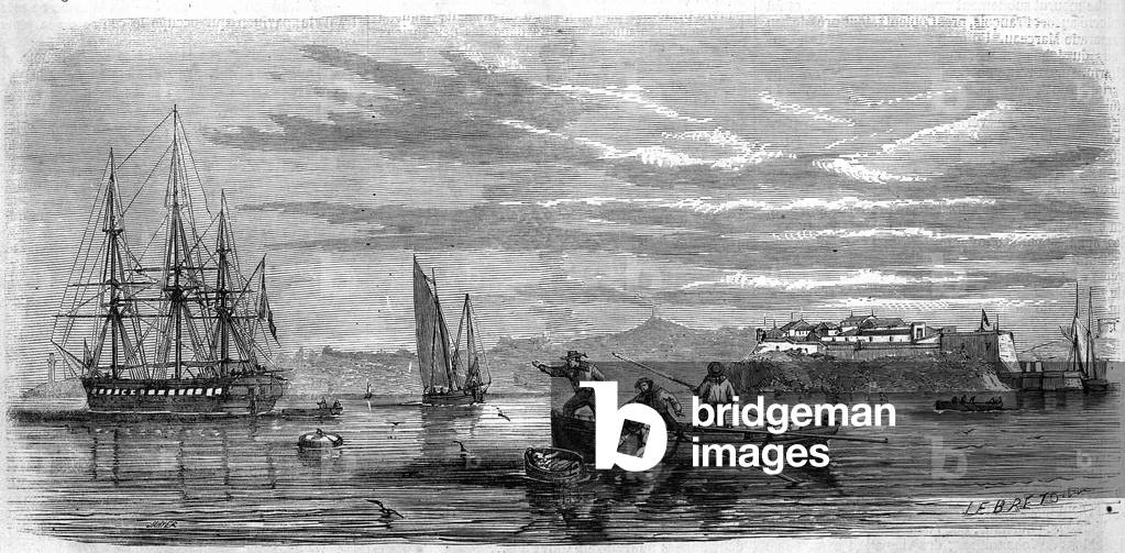 Baby collected by the mosses of the fregate school the “” Thetis””. Brest (Finistere, 29), 1857. Engraving in “” Le Monde Illustré”” n°22 of 12 September 1857.