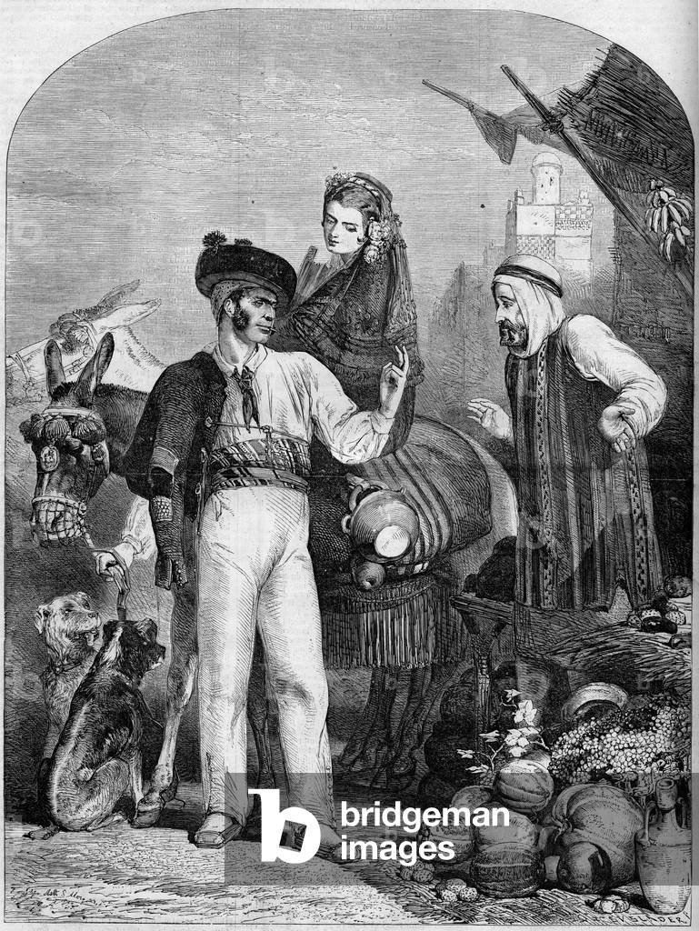 Fruit marches in the streets of Algiers, Algeria, 1859. Engraving in “” Le Monde Illustré”” n°99 of 5 March 1859.