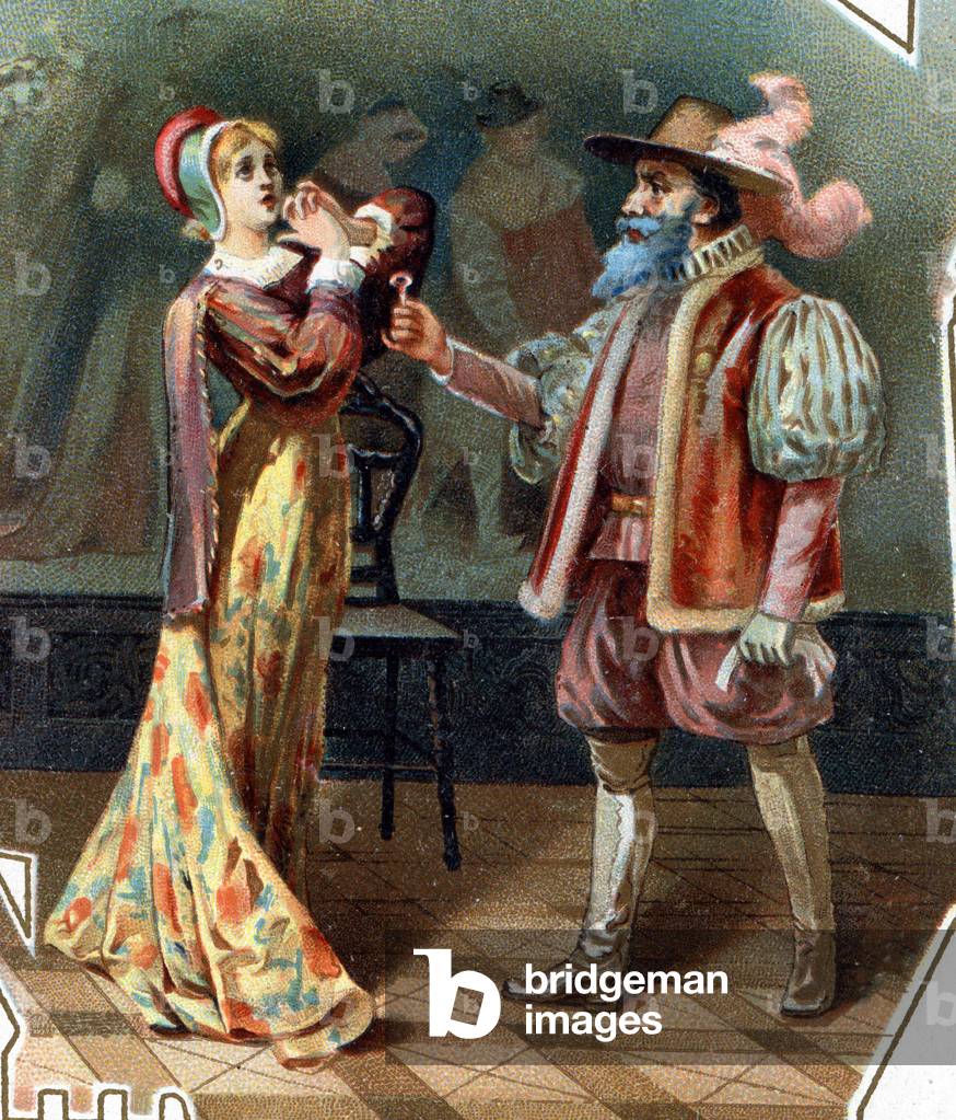 Blauer Bart. Geschichte von Charles Perrault. 1697. Chromolithographie des späten 19. Jahrhunderts. Aufkleber 