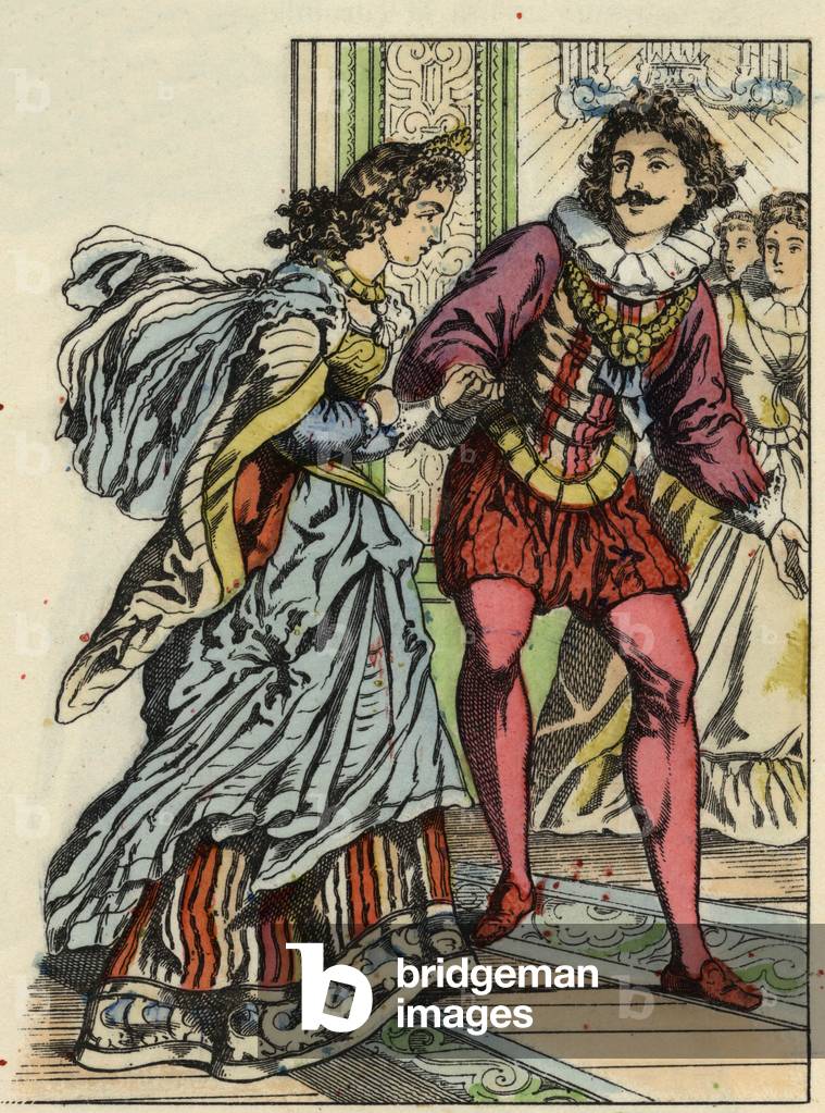 The prince invites Cinderella to dance. Illustration of Charles Perrault's tale “Cinderella or La petite slipper de verre”, 1697. In “” Tales from the home for the little ones””. Anonymous engraving of the 19th century.