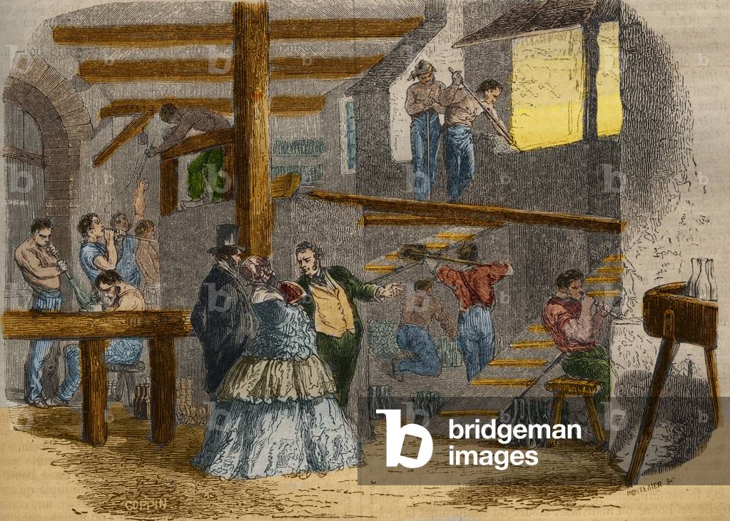 View of the interior of a glassware with glass blowers. Engraving from 1856 in “” Le Musee Des Sciences””
