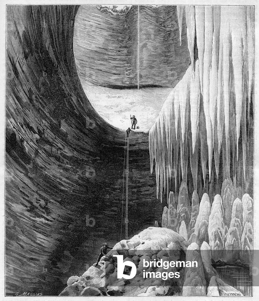 Internal view of the natural glaciere of the Creux-Perce (Creux Perce) (Cote-d'Or) exploded for the first time in March 1892 - engraving in “La nature” of 1892.
