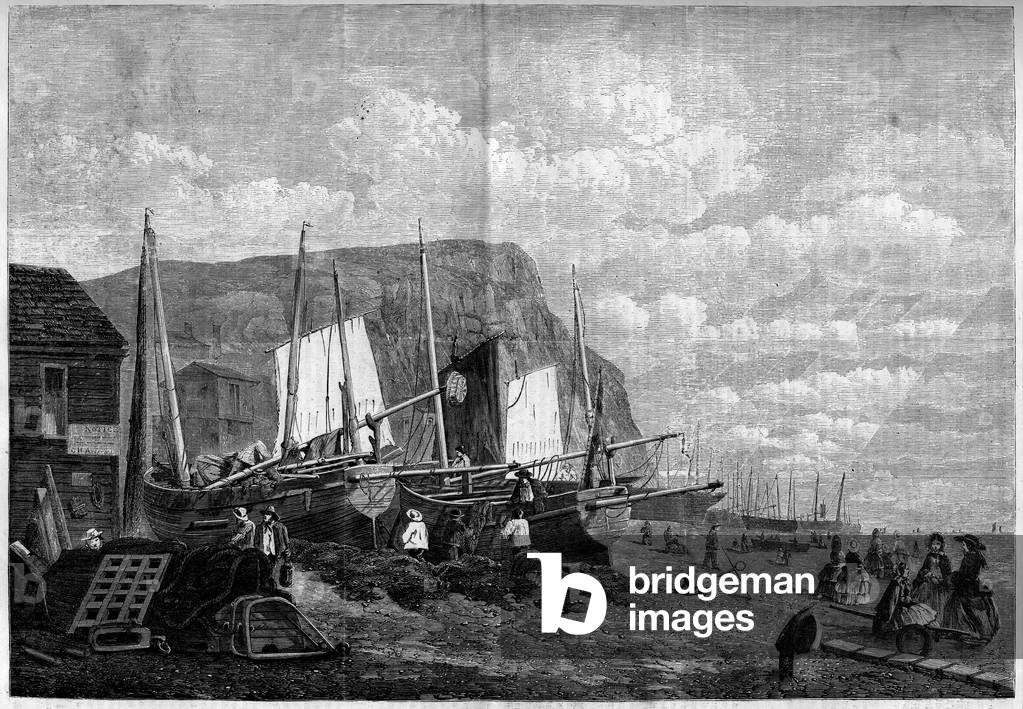 Fishing boats on Hastings Beach, England, 1859. Engraving in “” Le Monde Illustré”” n°109 of 14 May 1859.