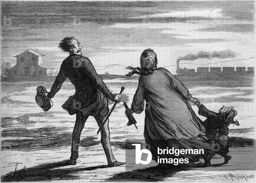 Too late! : a family just missed its train. Cartoon by Honore Daumier (1808-1879). Engraving in “” Le Monde Illustré”” n°286 of October 4, 1862.