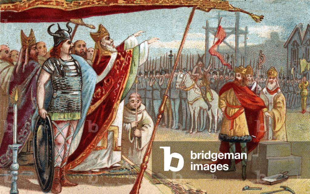 King Dagobert I (605-639), Merovingian king of the Franks, 629 to 634 lays the first stone of the Basilica of Saint Denis (Saint Denis) in the presence of Saint Eloi. Chromolithography of the late 19th century.