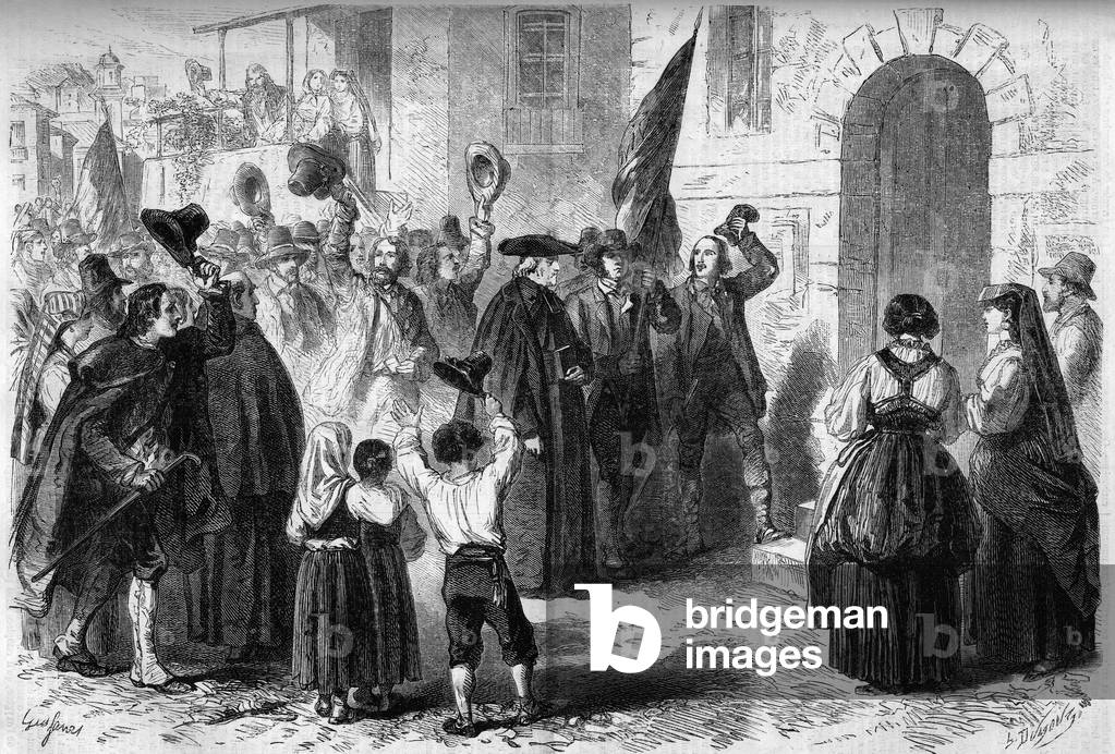 Unification of Italy, 1860: inhabitants of Megnegnano (Duche of Parma) who came to vote in Pontremoli (Tuscany) on annexation to Piemont. Engraving in “” Le Monde Illustré”” n°154 of 24 March 1860.