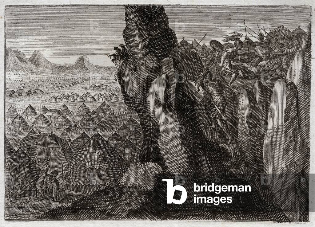 Bible of Royaumont, Old Testament: Jonathan and his Ecuyer. Jonathan, the son of King Saul, goes alone with his Ecuyer into the camp of the Philistines, and puts them on flight. Illustration from 1811.