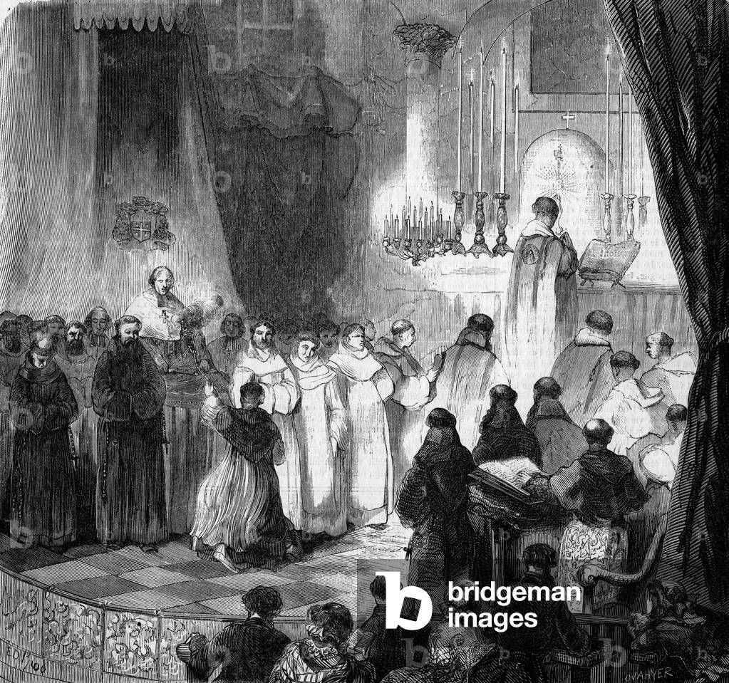 Religious Ceremony: fete of Saint Dominique (August 8) celebrated inside the old church of the Carmes in Paris, 1857. Engraving in “” Le Monde Illustré”” n°18 of 15 August 1857.