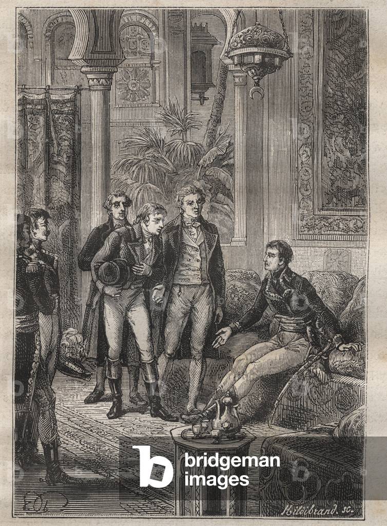 Journey (1798) by Frederic Conrad (Konrad) Hornemann (1772-1801) to Fezzan (Libya): Hornemann is welcomed by Bonaparte in Cairo (Egypt) - illustration from “The Great Mariners of the 18th century””, 1879 - 1 of the 3 volumes of the “General History of Great Travellers and Travellers” by Jules Verne