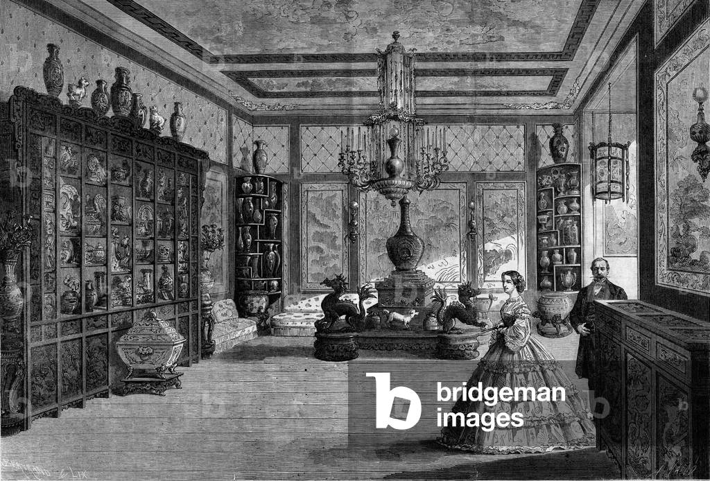 Vue du Musee chinois de l''imperatrice Eugenie de Montijo, installe en 1863 au Chateau de Fontainebleau. Gravure in 