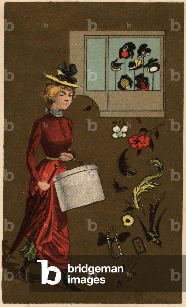 A bourgeois woman carrying a hat box, late 19th century (chromo)