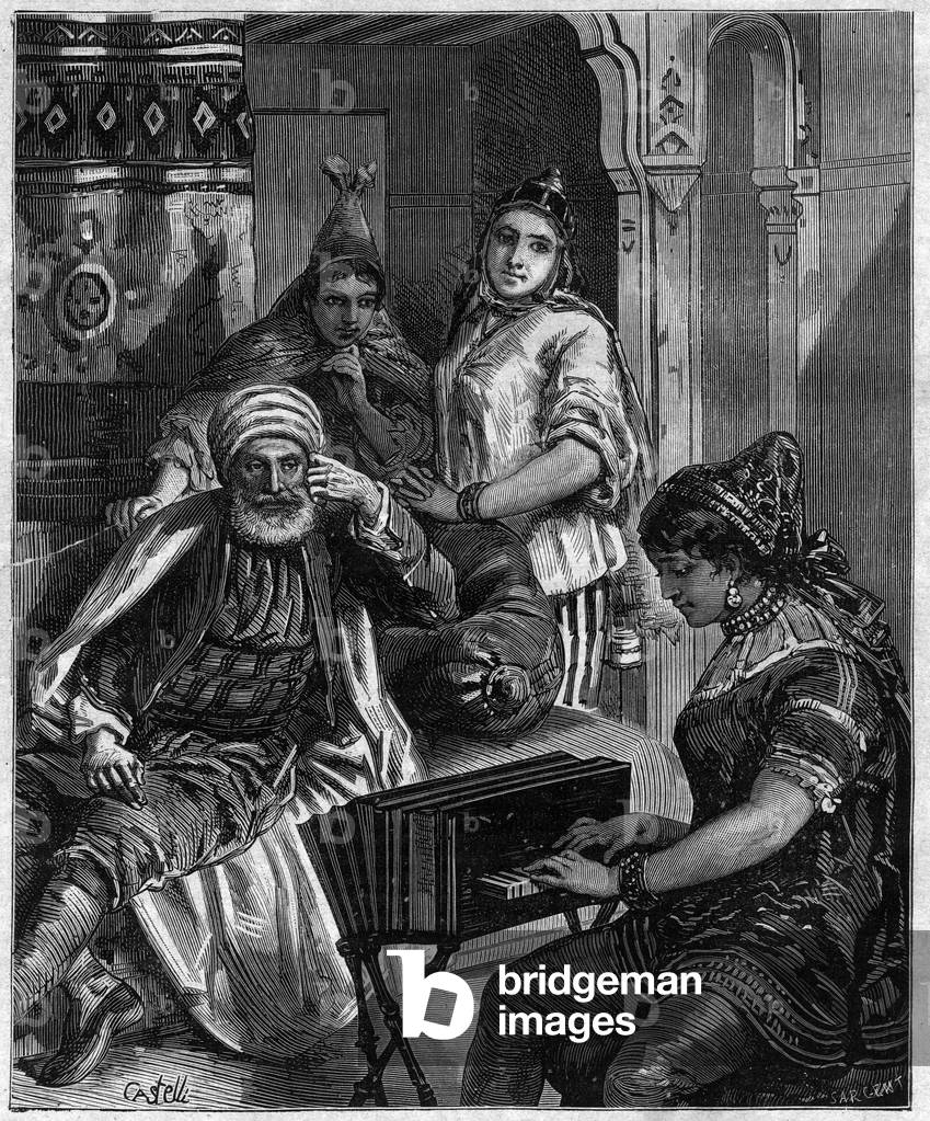The population of Tunisia in the 19th century - Saturday evening in a Jewish family in Tunis - engraving by Castelli in “” journal des voyages””” 1884
