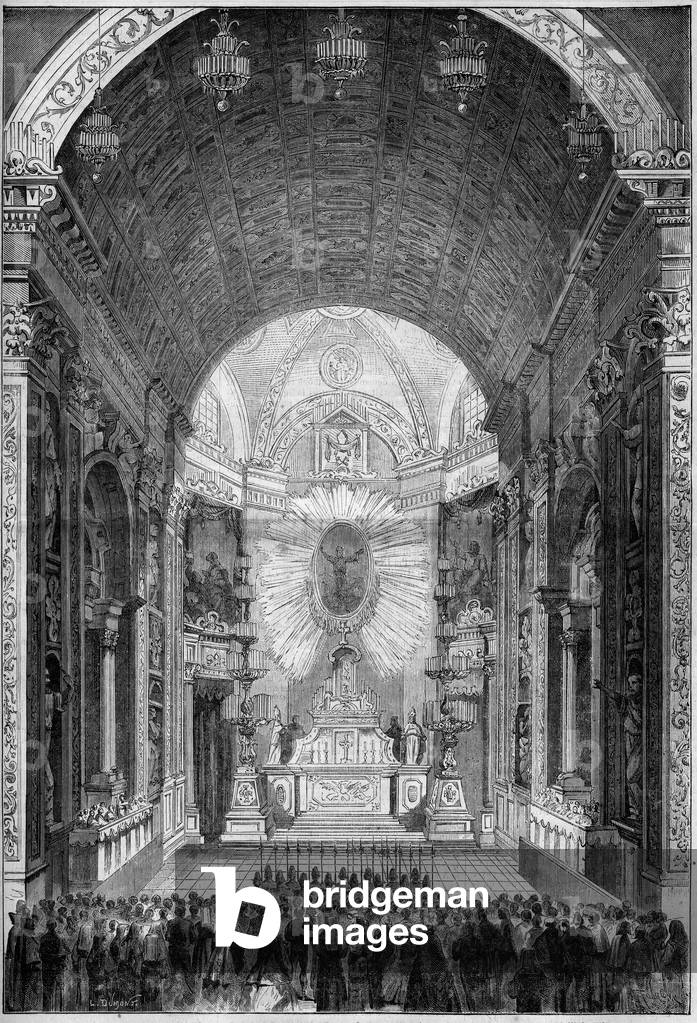 Catholic Rite - Beatification - May 20, 1860: Beatification of Benoit Joseph Labre (1748-1783) in the Church of St. Peter in Rome, Italy. Engraving in “” Le Monde Illustré”” n°174 of 11 August 1860.