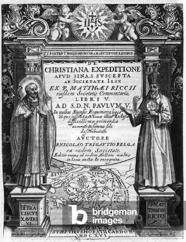 Engraving showing Matteo Ricci Italian Jesuit missionary, founder of the Catholic mission in China in “De Christiana Expeditione