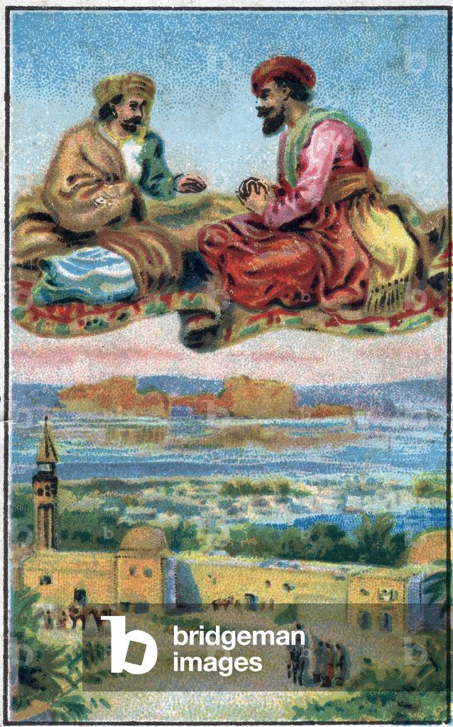 The carpet delights. History of Prince Ahmed and the fee Paris-Banou (Pari Banou) (Paribanu). Tale of 1001 nights (tales of the thousand and one nights). Chromolithography of the late 19th century.
