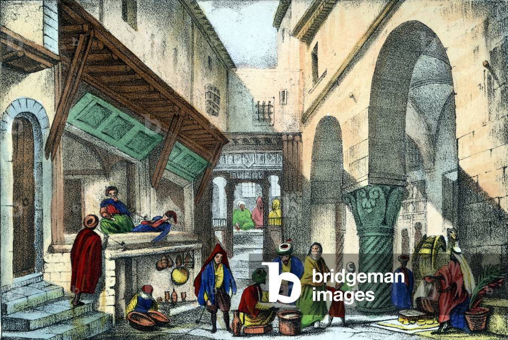 Boutiques d'une rue d'Algiers. in” L'Algerie ancienne et moderne”” by Léon Galibert. Italian edition in 1846 color.