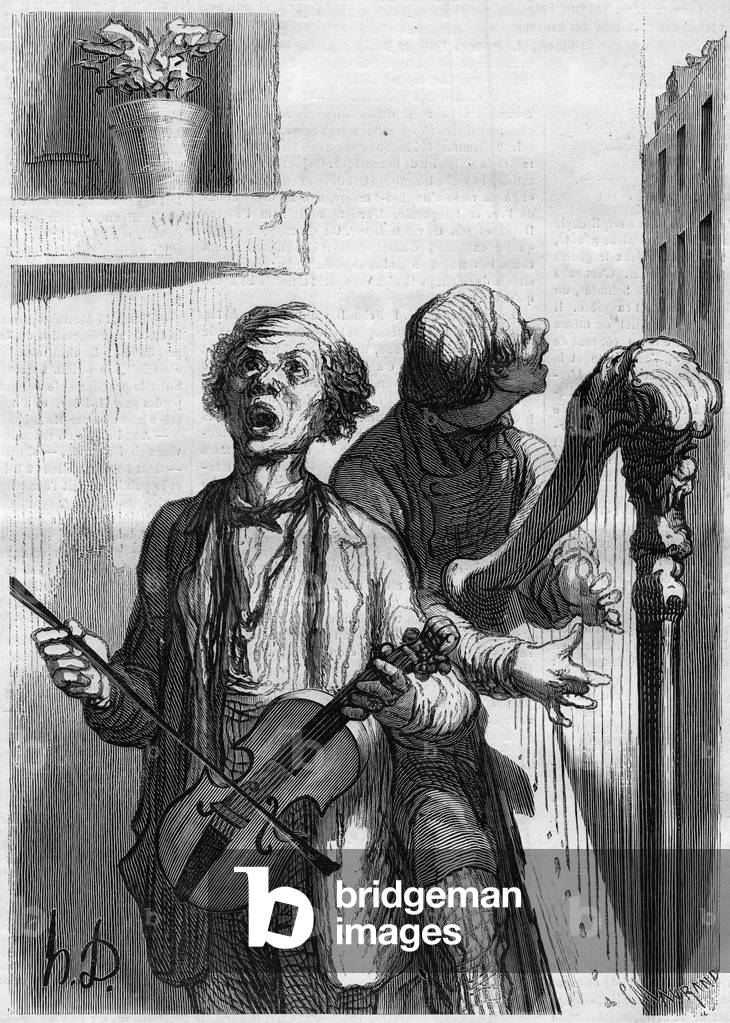 Street singers. Cartoon by Honore Daumier (1808-1879). Engraving in “” Le Monde Illustré”” n°297 of 20 December 1862.