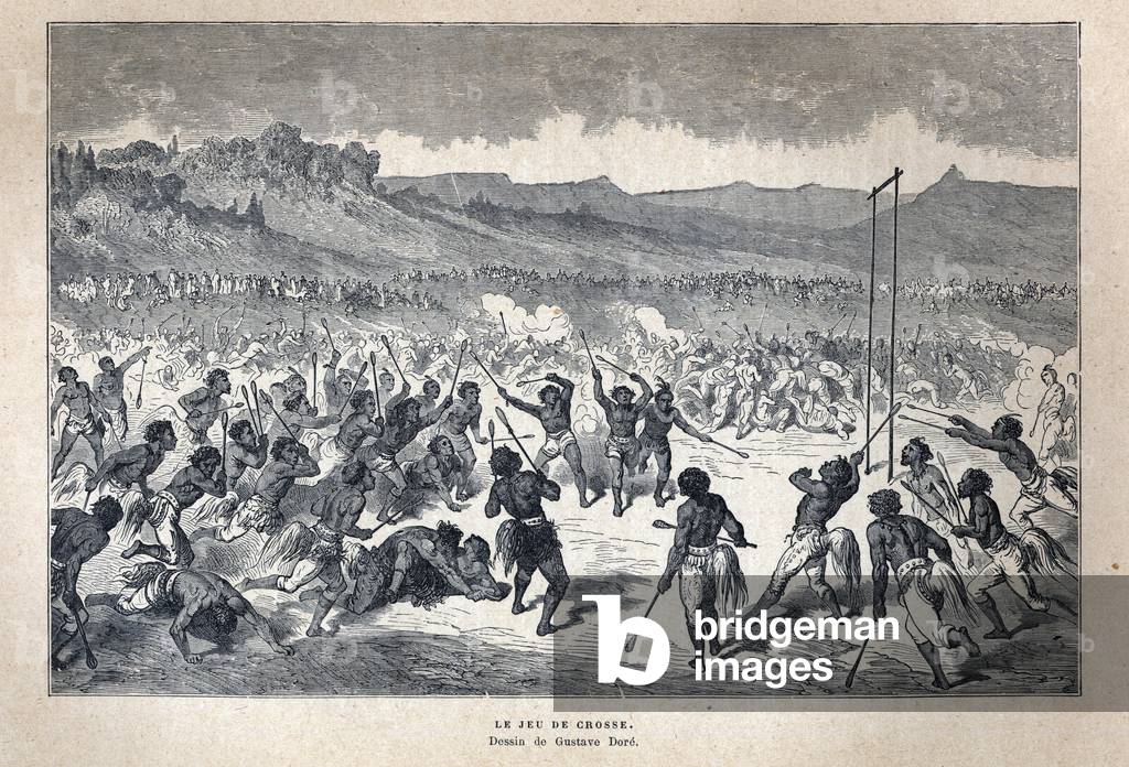 Discovered Canada: Sport. The American Indian lacrosse game. Drawing by Gustave Dore. Engraving from the end of the 19th century in “La nouvelle France” by Eugene Guenin.