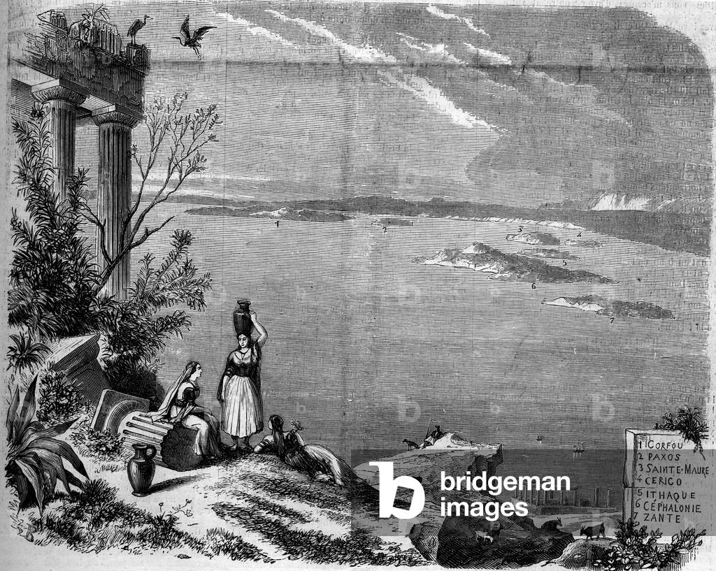 Panoramic view of the archipelago of the Ionian Islands (Corfu, Paxos, Holy Moor, Cerigo, Ithaca, Cephalonia, Zakynthos) from the Greek coast, 1859. Engraving in “” Le Monde Illustré”” n°99 of 5 March 1859.