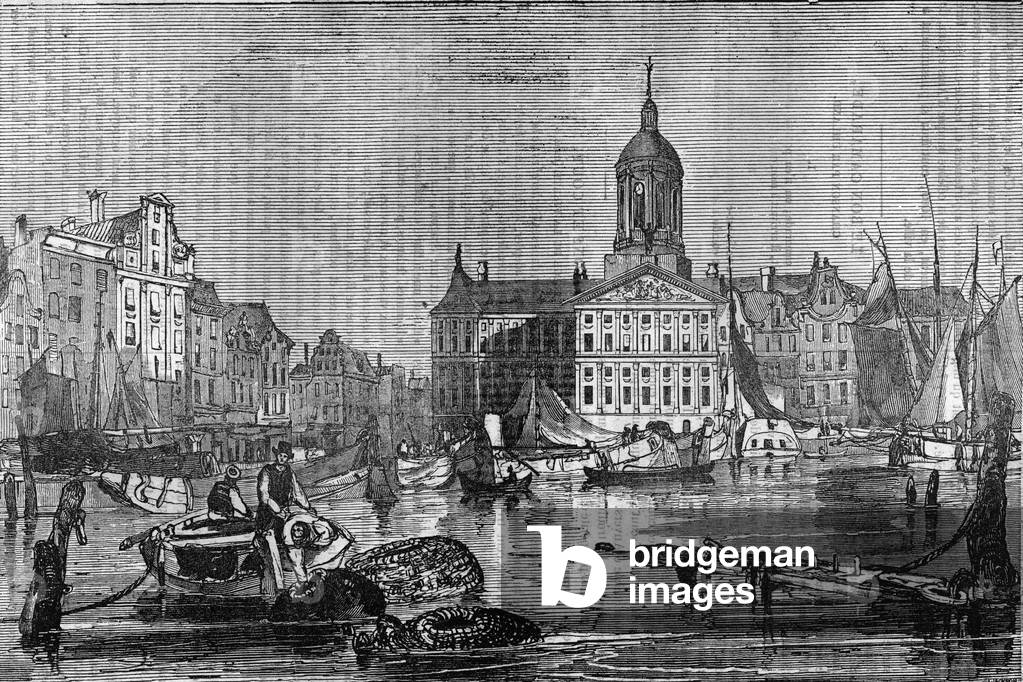Veduta della città di Amsterdam e del vecchio municipio nel XIX secolo.