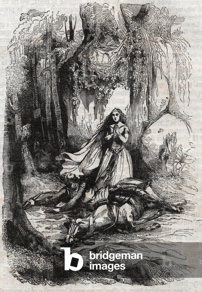 Sacripant (Sacripante) desarconne in Anwesenheit von Angelica (Angelica) - Stich von 1851 aus „“ Roland furieu