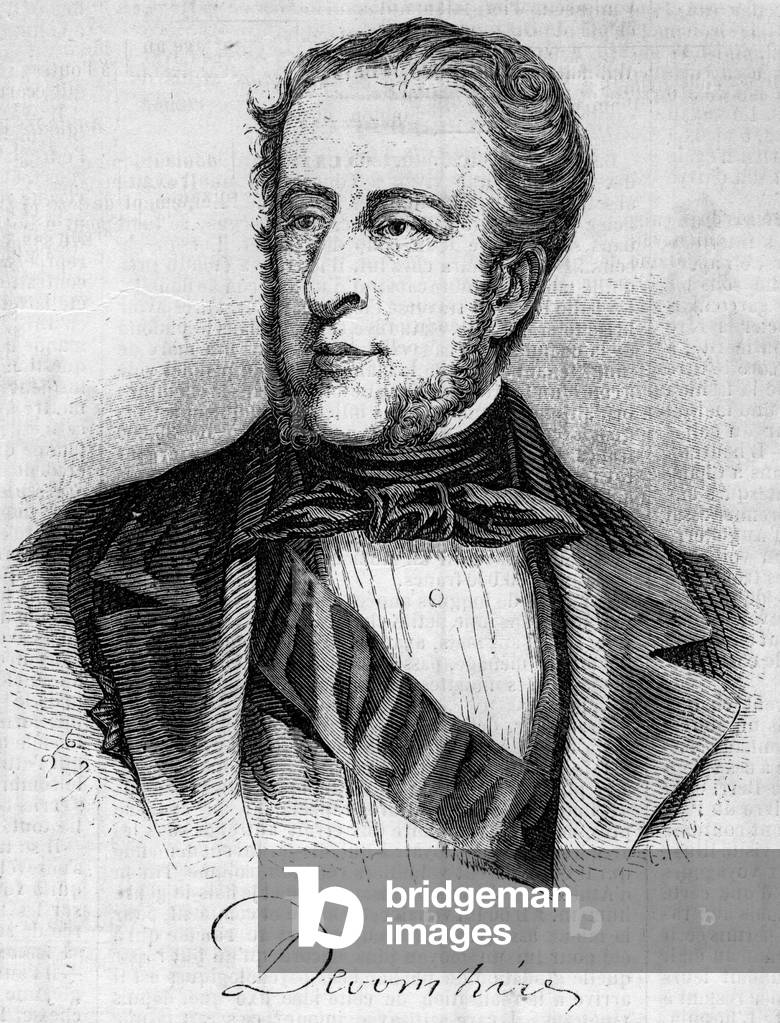 Portrait of William Spencer Cavendish (1790-1858), Duke of Devonshire. Engraving in “” Le Monde Illustré”” n°45 of 20 February 1858.