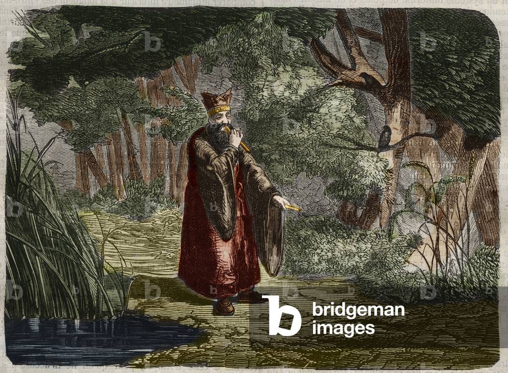 The Chinese Ling Mon (Ling-lun) (Lihng-lewn) discovers the tuning by blowing in the stem of a bamboo. 27th century BC. Engraving from 1859 in “” Le Musee Des Sciences””