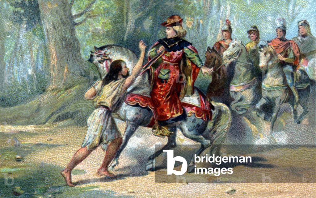 Charles VI caught in madness in the forest of Le Mans. chromolithography of the late 19th century