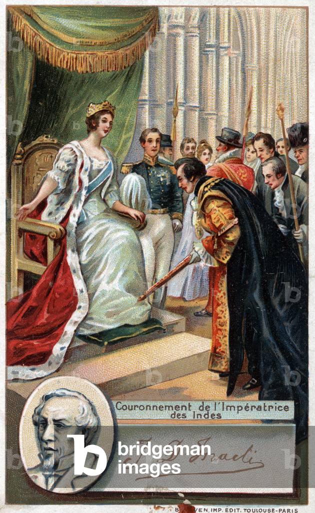 Queen of England Victoria crowned Imperatrice of India 1877 with the support of Benjamin Disraeli (1804-1881) British writer and politician. Chromolithography of the 19th century.