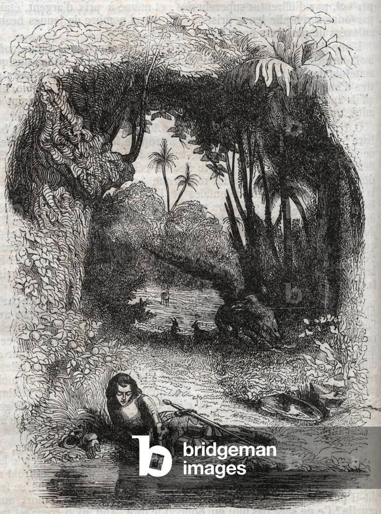 Ruggiero on the island of Alcina, - 1851 engraving from the poem Orlando furioso (1516) by Ludovico Ariosto, - Edition translated from Italian by the Count of Tressan and published by Gustave Harvard 1851