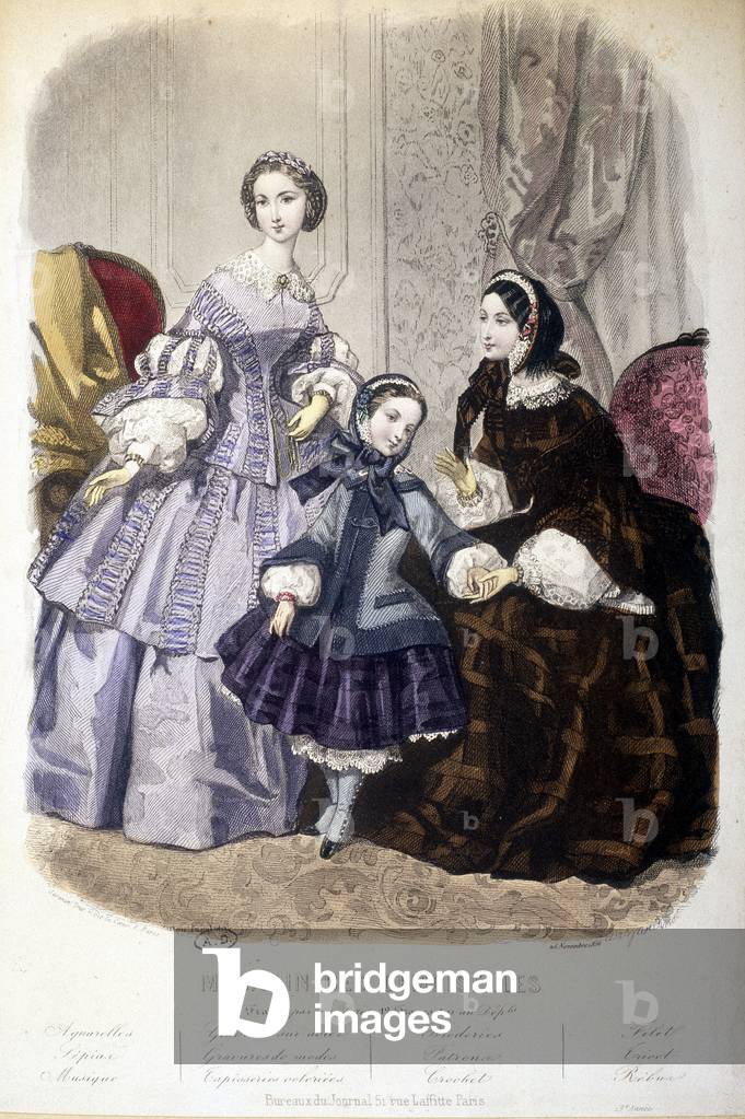 2 women and a girl: Fashion - in “” Magasin des damoiselles””. sd. circa 1850.