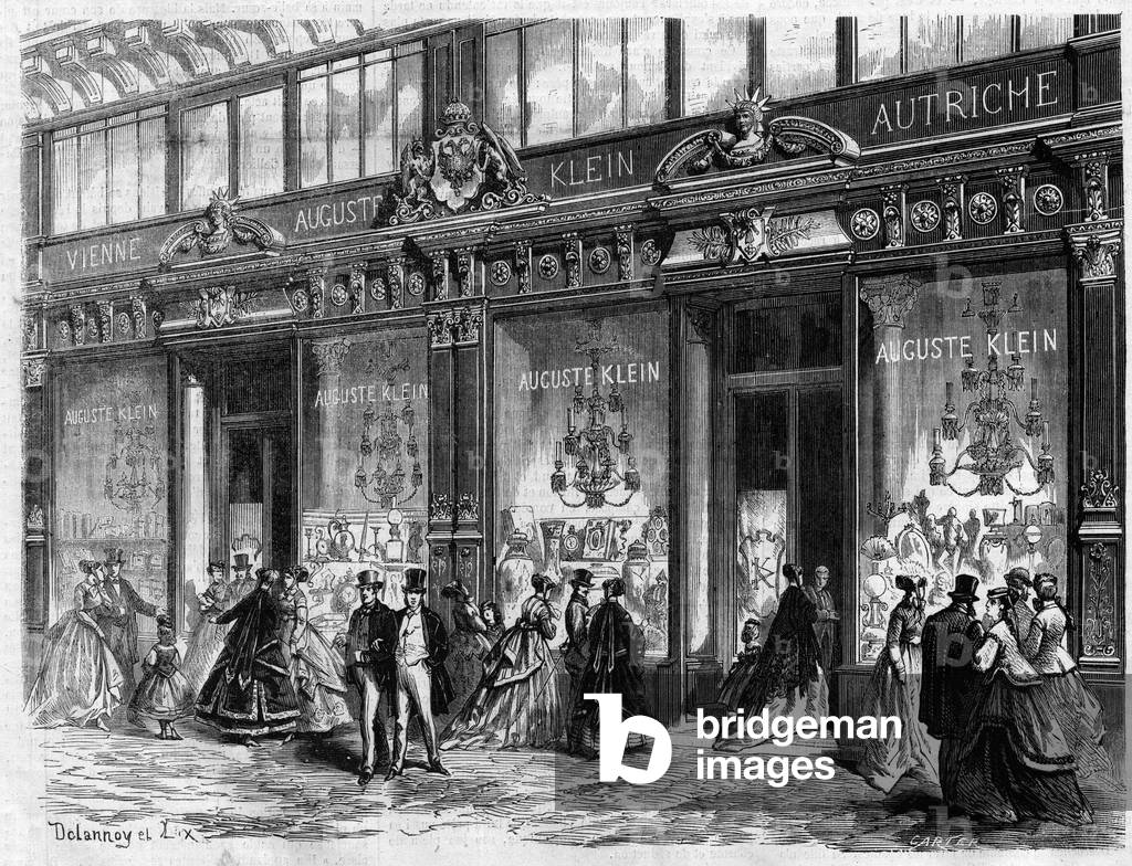 Luxury in Paris: Opening of the store of Auguste Klein Boulevard des Capucines. Engraving in “The Illustrous Universe”, 1867. Private collection.