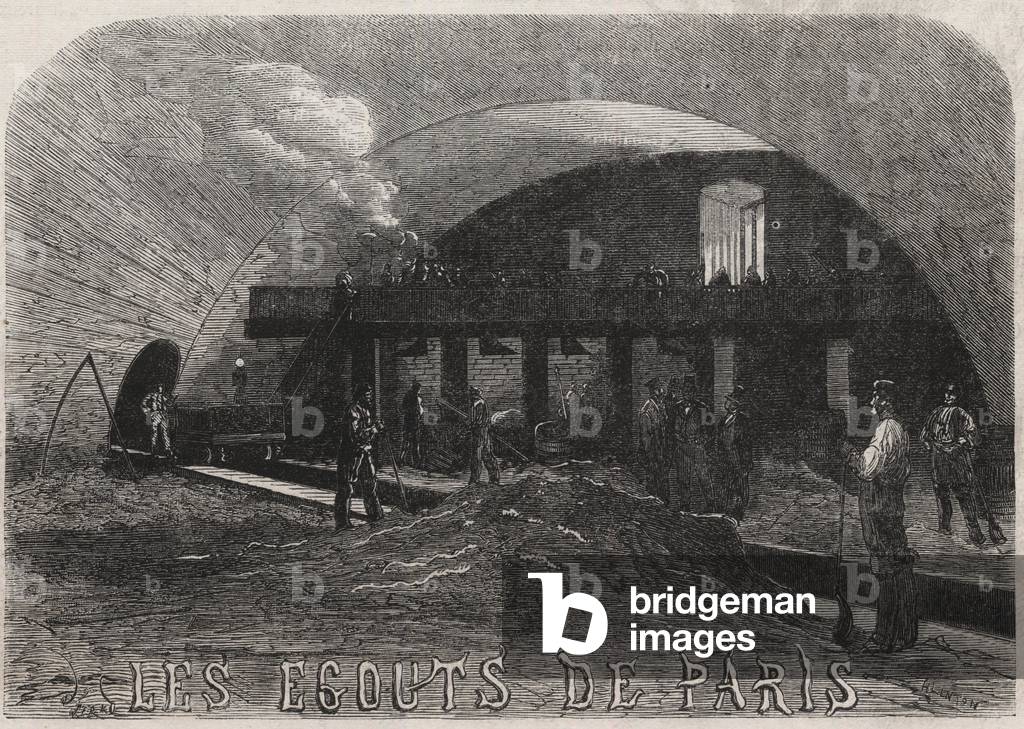 Les egouts de Paris: la grande chambre et les ateliers de forge pont Notre Dame (Notre-Dame) - Engraving In “” Le Monde Illustré””, 1865 - Paris sewers: a forge under the pont Notre Dame - Engraving from “” Le Monde Illustre”, 1865