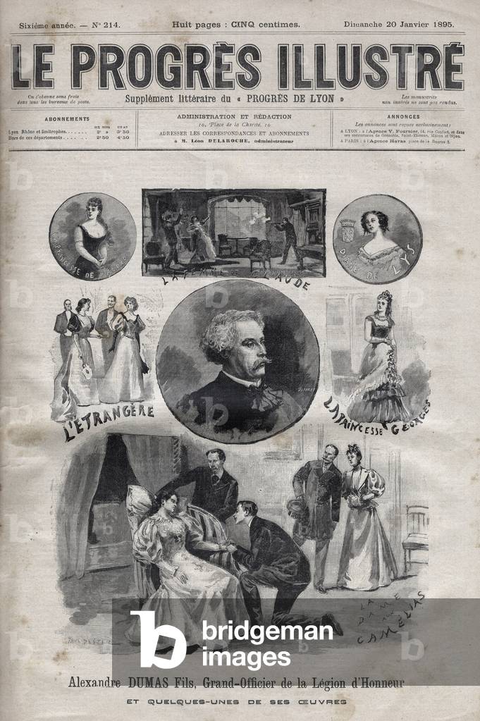 Alexandre Dumas Jr. - Grand Officer of the Legion of Honour and some of his works, 1895 (engraving)