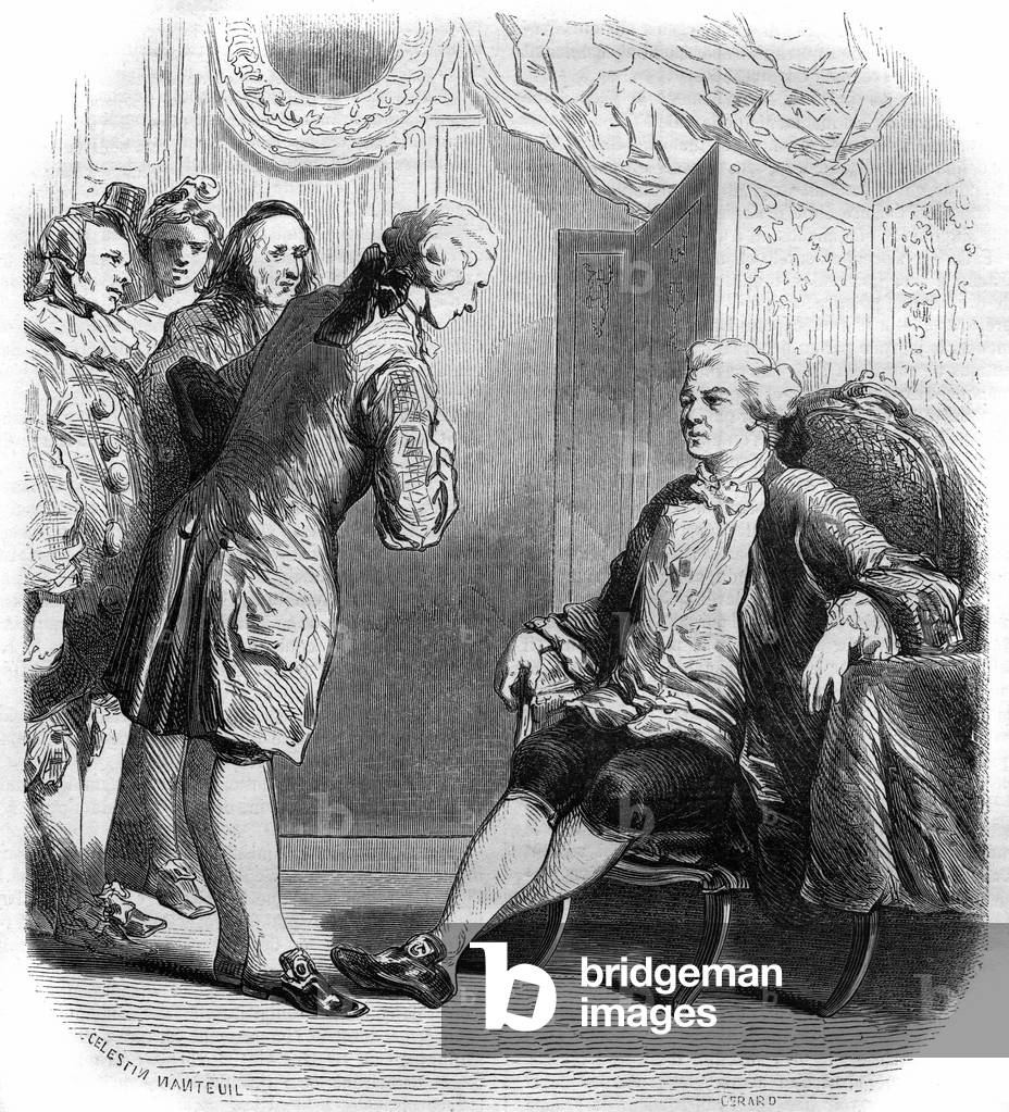 The Marquis de Puysieulx receiving Philippe Nericault Destouches (1680-1754) and his troupe of travelling comedians. Engraving from 1858-1859.