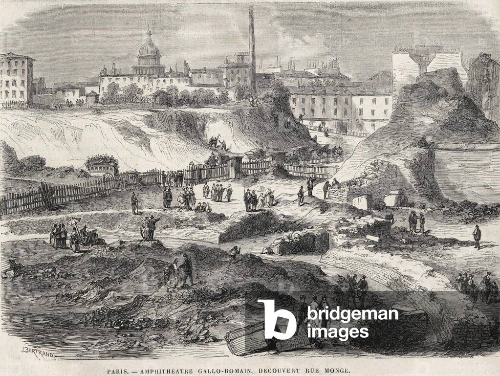 The amphiteatrist Gallo Romain discovered at Rue Monge in Paris in 1870, today the Arenes de Lutèce. Engraving of the 19th century.
