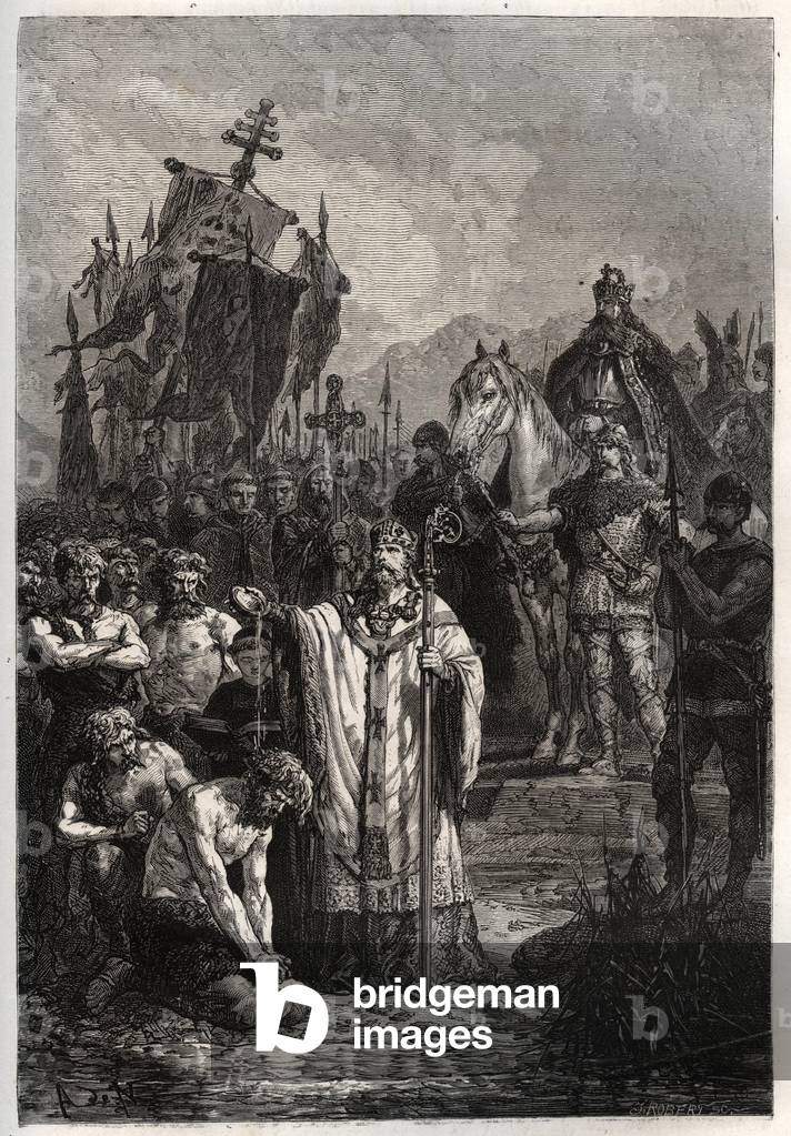 Baptim of the pagan saxon leader Widukind under the pressure of the emperor Charlemagne - Charlemagne imposes the baptism to the Saxons - Conversion of Widukind or Witikind before Charlemagne in 785 - engraving from “” L'histoire de France racontee à mes grandenfants”” - by Francois Guizot - 1872-1872-1872-1876