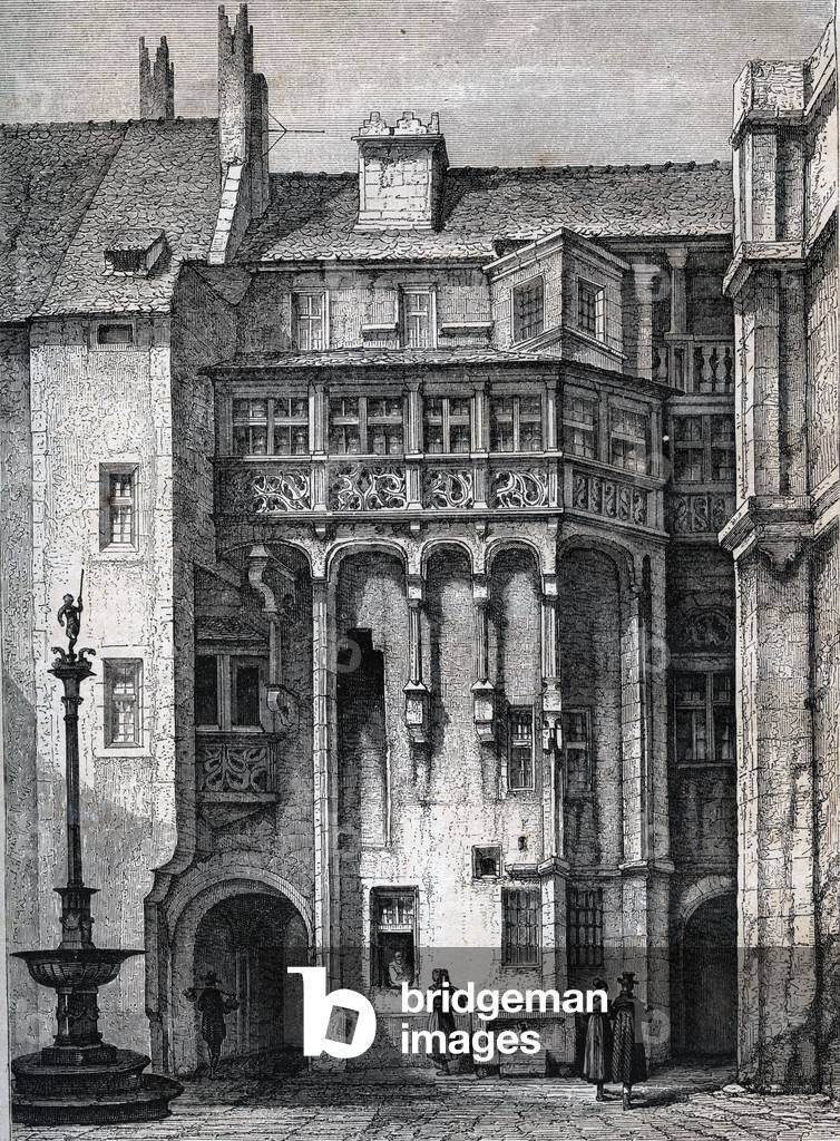 Nurnberger Rathaus - the courtyard of the town hall of Nuremberg - engraving around 1867