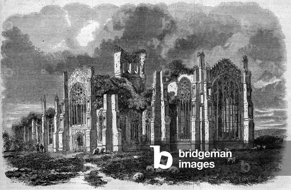 Gothic architecture: view of the ruins of Melrose Abbey (12th century), Scotland, 1860. Engraving in “” Le Monde Illustré”” n°190 of 1 December 1860.