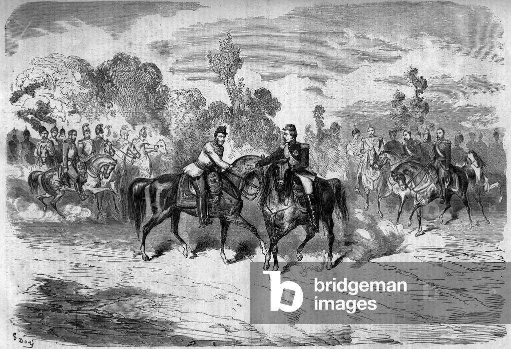 Risorgimento, July 11, 1859: Meeting of Emperor Napoleon III (1808-1873) and Emperor of Austria Francois Joseph I (1830-1916) before the signing of the Armistice of Villafranca. Sketch of Mr. Moullin. Engraving in “” Le Monde Illustré”” n°119 of 23 July 1859.